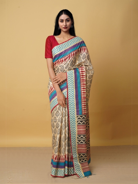 

Unnati Silks Cream-Coloured & Gold-Toned Ethnic Motifs Zari Jute Silk Chanderi Saree