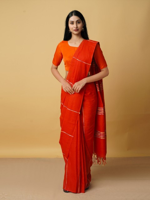 

Unnati Silks Red & Gold-Toned Striped Pure Cotton Mangalagiri Saree