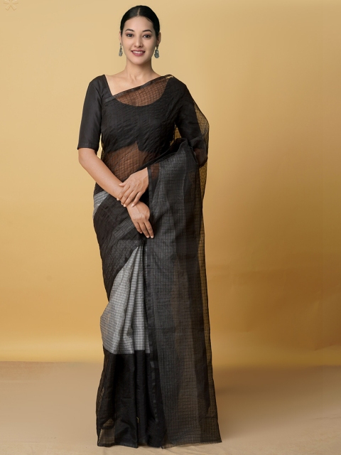 

Unnati Silks Black & Grey Checked Supernet Block Print Saree