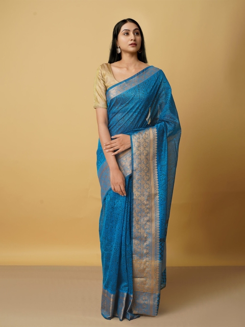 

Unnati Silks Blue & Gold-Toned Ethnic Motifs Zari Silk Cotton Chanderi Saree