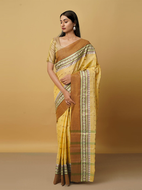 

Unnati Silks Cream-Coloured & Brown Woven Design Pure Cotton Jamdani Saree