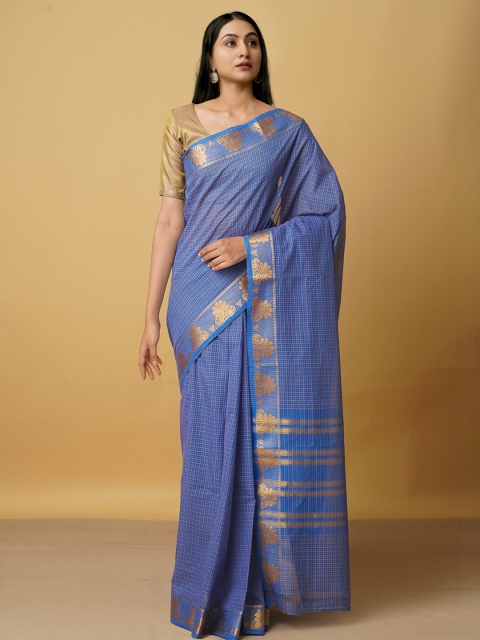

Unnati Silks Blue & Gold-Toned Checked Pure Cotton Venkatgiri Saree
