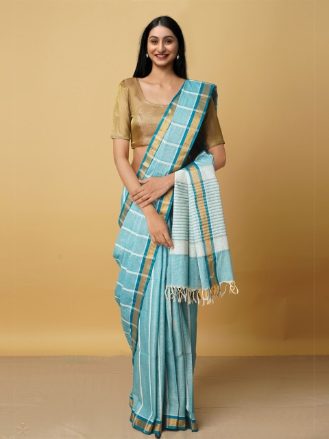 

Unnati Silks Blue & White Striped Zari Pure Cotton Handloom Chettinad Saree