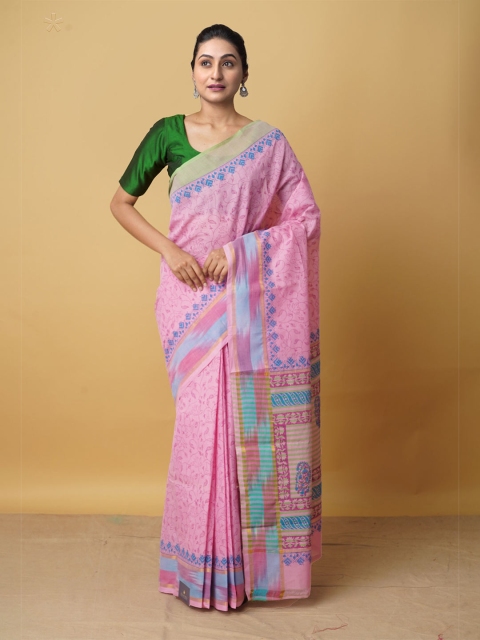 

Unnati Silks Pink & Blue Ethnic Motifs Pure Cotton Mangalagiri Saree