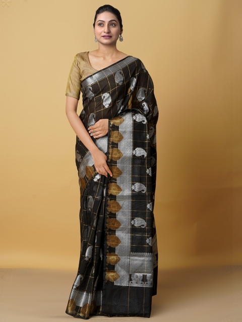 

Unnati Silks Black & Silver-Toned Woven Design Silk Cotton Banarasi Saree