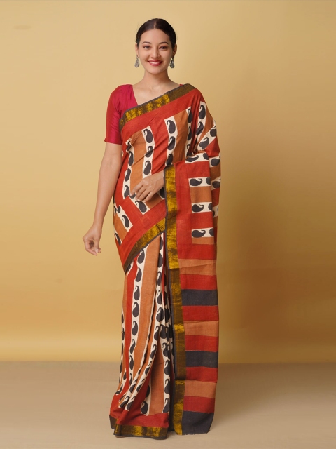 

Unnati Silks Orange & Brown Ethnic Motifs Zari Pure Cotton Block Print Saree