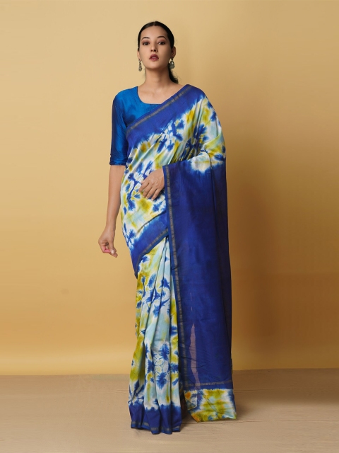 

Unnati Silks White & Blue Zari Silk Cotton Chanderi Saree