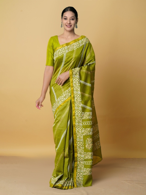 

Unnati Silks Green & Gold-Toned Ethnic Motifs Zari Silk Cotton Chanderi Saree