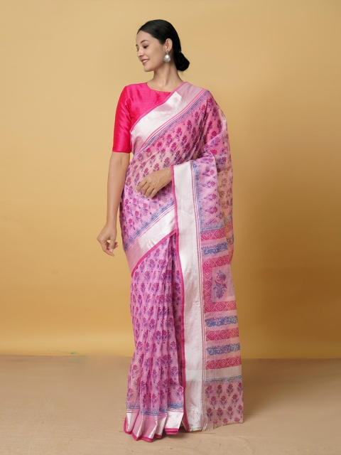 

Unnati Silks Pink & Blue Woven Design Zari Pure Cotton Block Print Saree