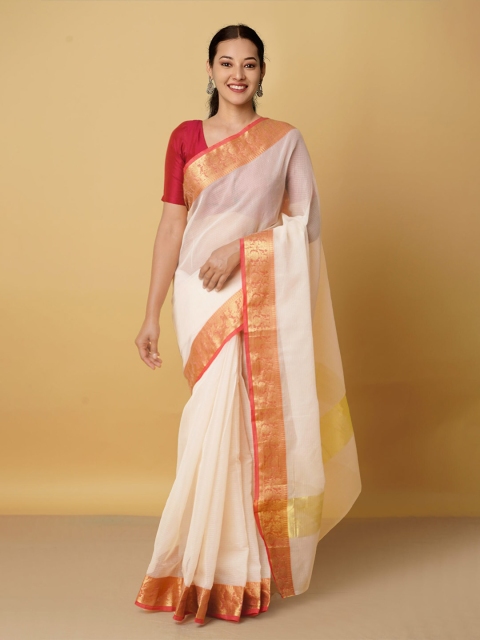

Unnati Silks Cream-Coloured & Pink Zari Pure Cotton Kota Saree