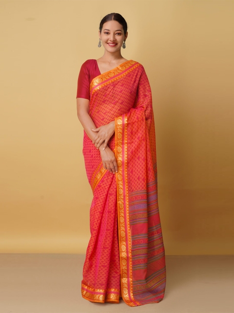 

Unnati Silks Pink & Green Ethnic Motifs Zari Pure Cotton Kota Saree