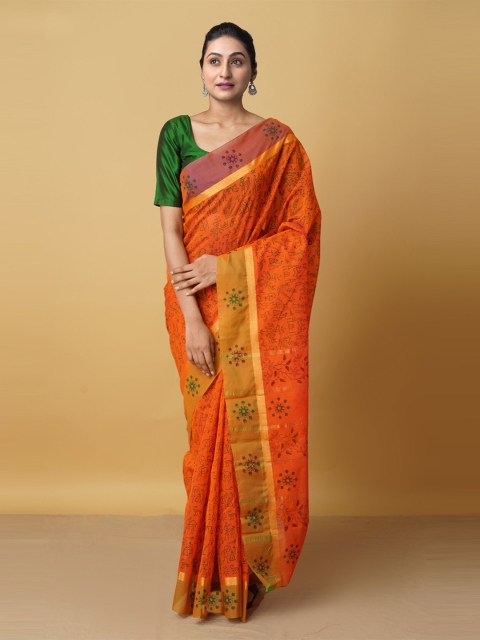 

Unnati Silks Orange & Green Ethnic Motifs Zari Silk Cotton Chanderi Saree
