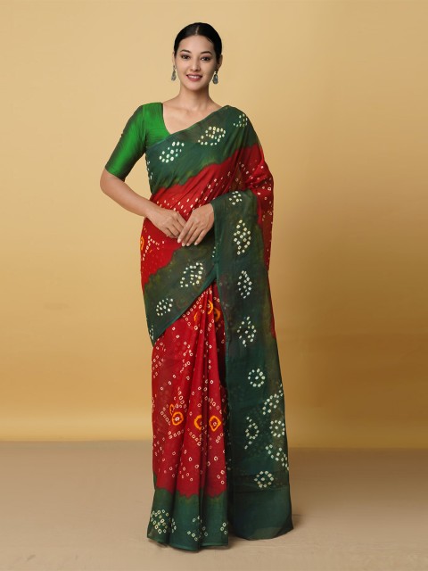 

Unnati Silks Maroon & Green Bandhani Pure Cotton Bandhani Saree