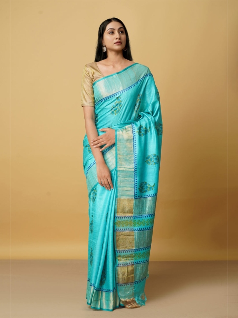 

Unnati Silks Blue & Green Ethnic Motifs Zari Pure Silk Tussar Saree