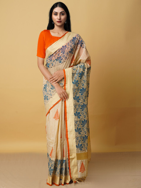 

Unnati Silks Cream-Coloured & Blue Ethnic Motifs Zari Silk Cotton Chanderi Saree