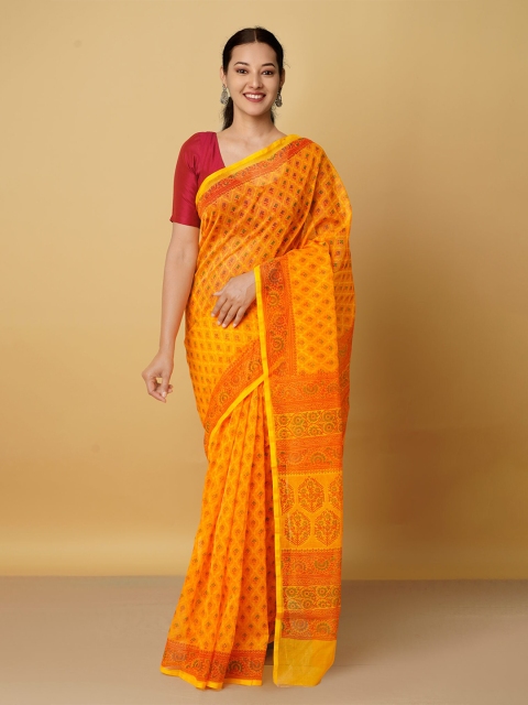 

Unnati Silks Orange & Red Ethnic Motifs Supernet Block Print Saree