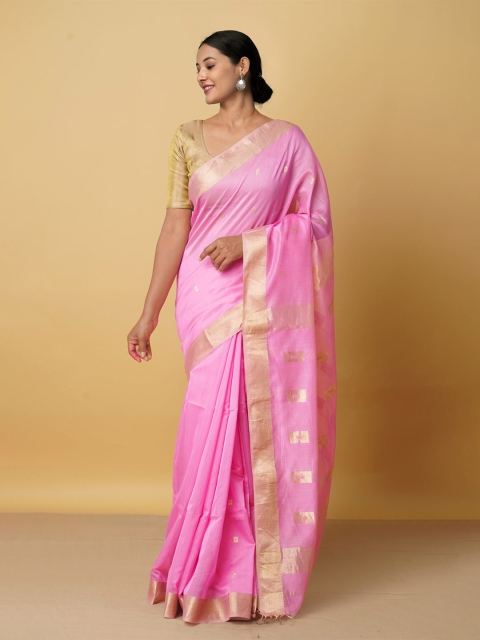

Unnati Silks Pink & Gold-Toned Woven Design Zari Art Silk Chanderi Saree