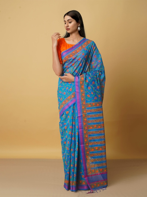 

Unnati Silks Blue & Orange Floral Zari Block Print Saree