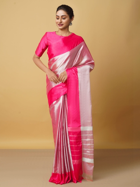 

Unnati Silks Pink & Silver-Toned Woven Design Zari Organza Banarasi Saree