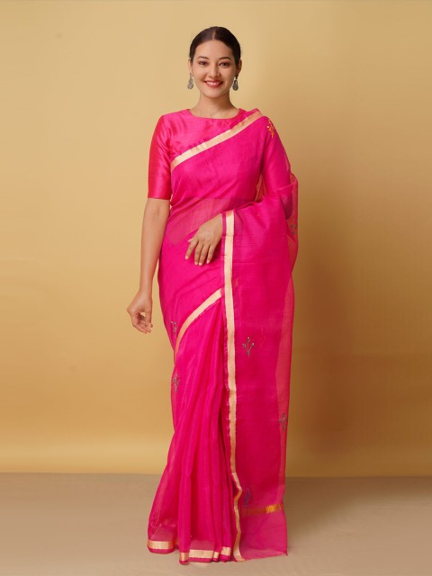 

Unnati Silks Pink & Green Floral Zari Pure Cotton Kota Saree