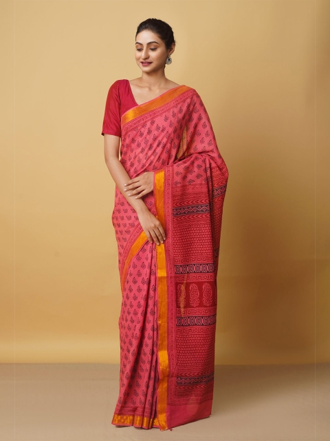 

Unnati Silks Pink & Blue Ethnic Motifs Zari Pure Cotton Block Print Saree