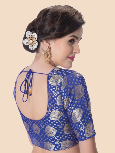 

Neckbook Blue & Gold-Toned Brocade Padded Readymade Saree Blouse