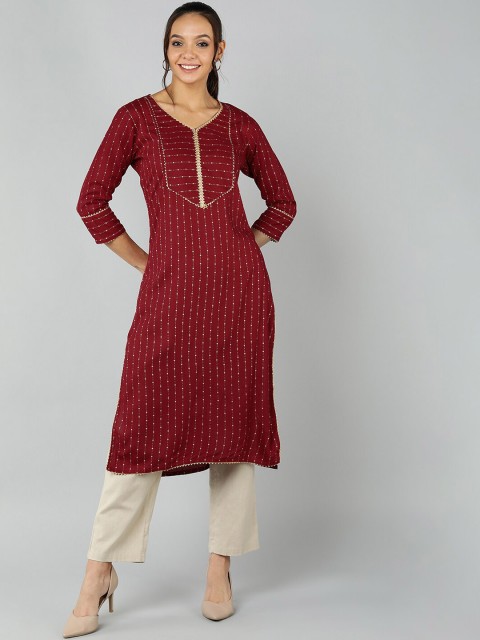 

Jaipur Folk Women Maroon & Gold-Toned Striped Gotta Patti Kurta