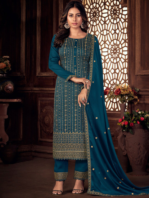 

Stylee LIFESTYLE Blue & Gold-Toned Embroidered Pure Silk Unstitched Dress Material