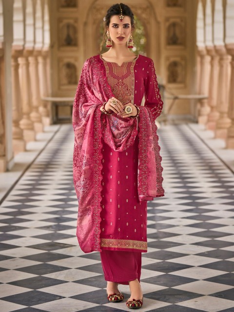 

Stylee LIFESTYLE Magenta & Gold-Toned Pure Silk Unstitched Dress Material