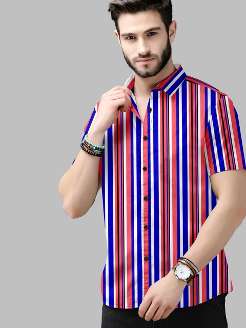 

Fashion FRICKS Men Blue & Red Standard Striped Casual Shirt