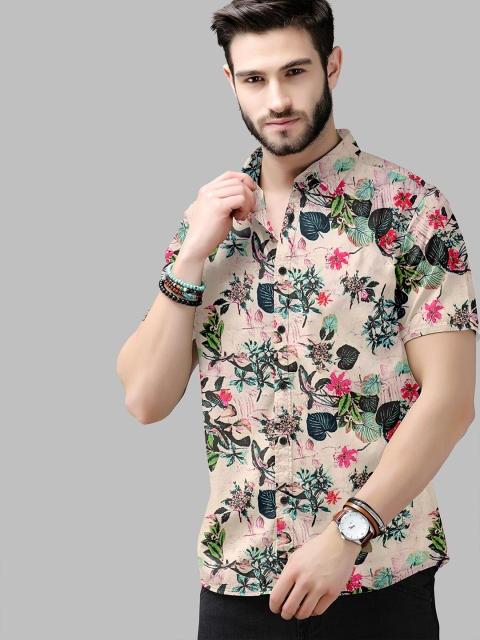 

Fashion FRICKS Men Peach-Coloured & Green Standard Floral Printed Casual Shirt