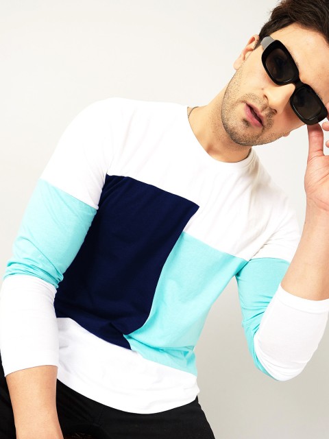 

GESPO Men White & Turquoise Blue Colourblocked T-shirt with Mask