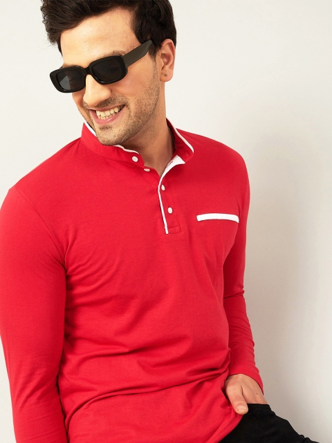 

GESPO Men Red Mandarin Collar T-shirt