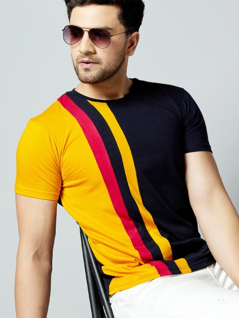 

GESPO Men Black & Yellow Striped Round Neck Half Sleeve Cotton T-shirt