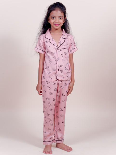 

Little Carrot Girls Pink & Black Printed Night suit