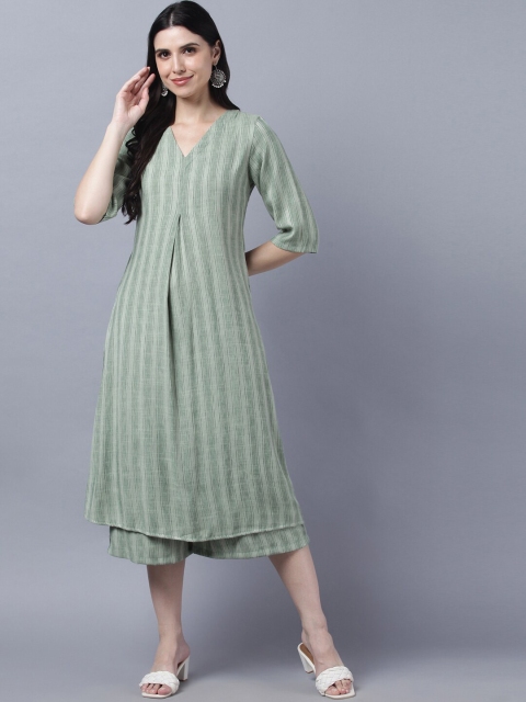 

Myshka Women Striped Pleated Pure Cotton Kurta with Palazzos, Green