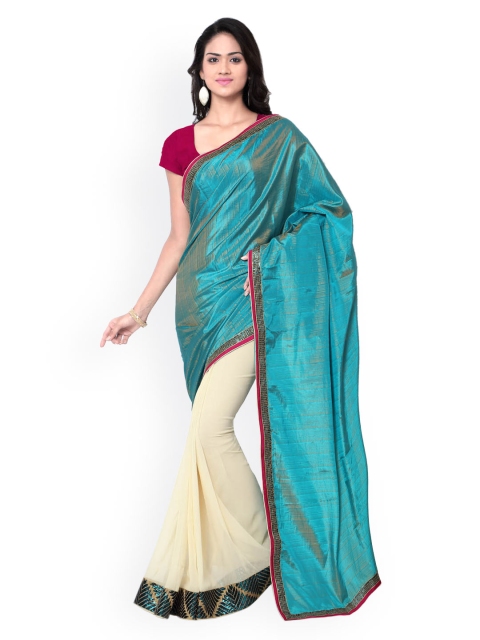 

Kvsfab Teal & Cream-Coloured Poly Georgette Embroidered Half & Half Saree