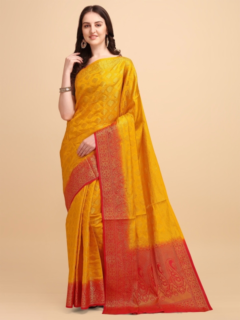 

TEREZA Yellow & Red Woven Design Zari Pure Silk Banarasi Saree
