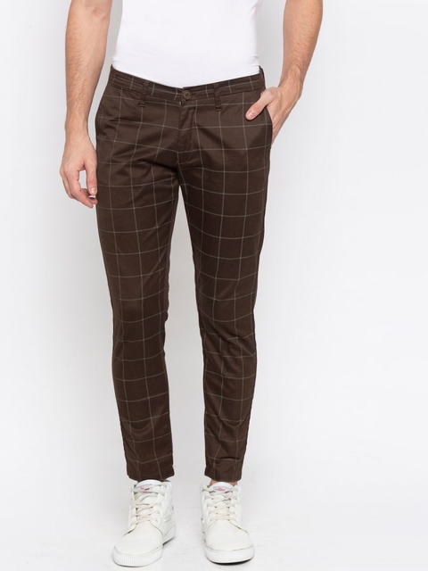 

SPYKAR Men Brown Checked Slim Fit Trousers