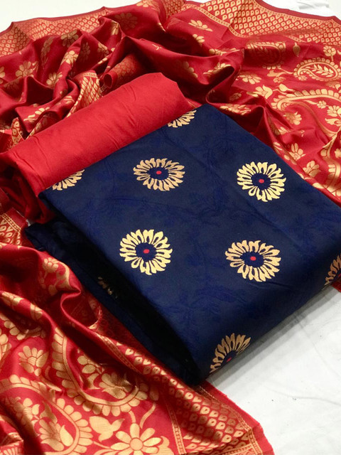 

MORLY Women Blue & Red Printed Banarasi Jacquard Unstitched Dress Material