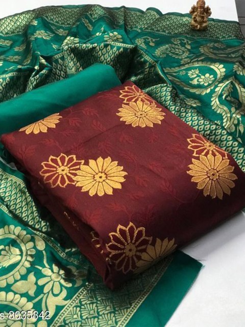

MORLY Women Maroon And Green Woven Design Dupion Silk Unstitched Dress Material