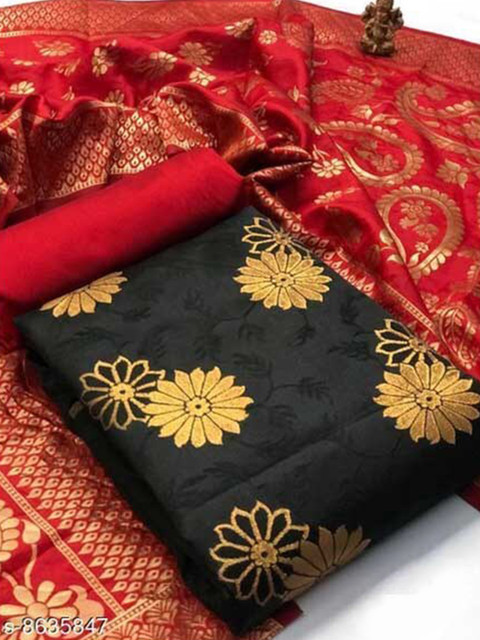 

MORLY Black & Red Dupion Silk Unstitched Dress Material