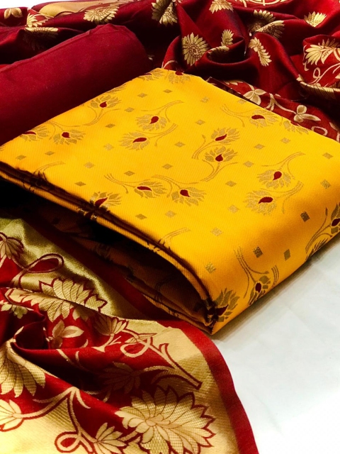 

MORLY Yellow & Maroon Dupion Silk Unstitched Dress Material