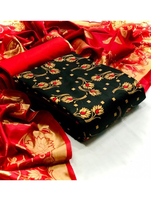 

MORLY Women Black & Red Dupion Silk Unstitched Dress Material