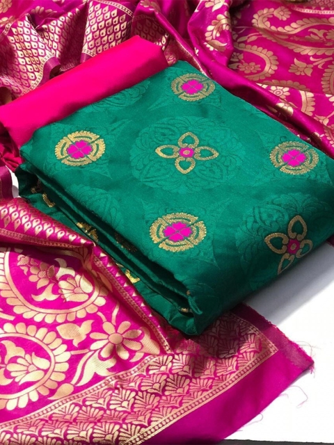 

MORLY Green & Pink Dupion Silk Unstitched Dress Material