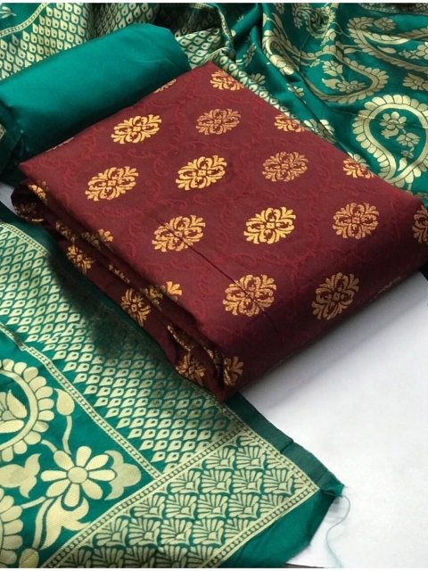 

MORLY Maroon & Green Dupion Silk Unstitched Dress Material