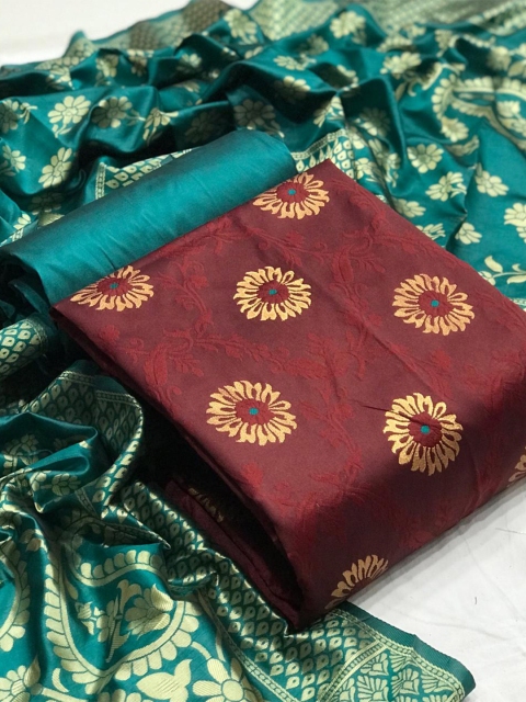 

MORLY Maroon & Green Dupion Silk Unstitched Dress Material