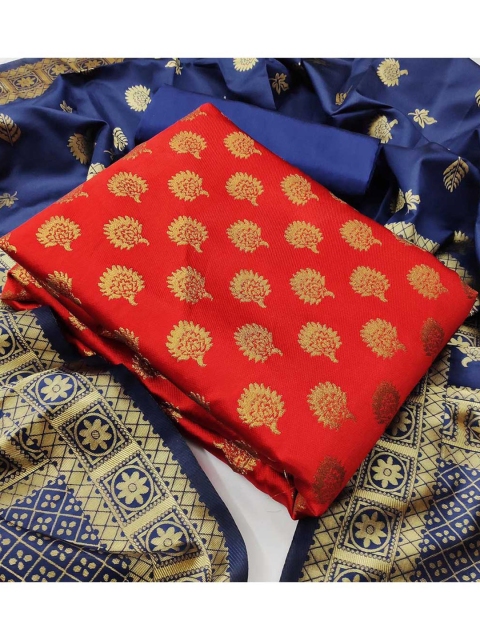 

MORLY Red & Blue Dupion Silk Unstitched Dress Material