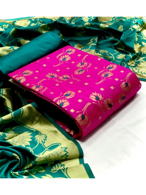 

MORLY Pink & Green Dupion Silk Unstitched Dress Material