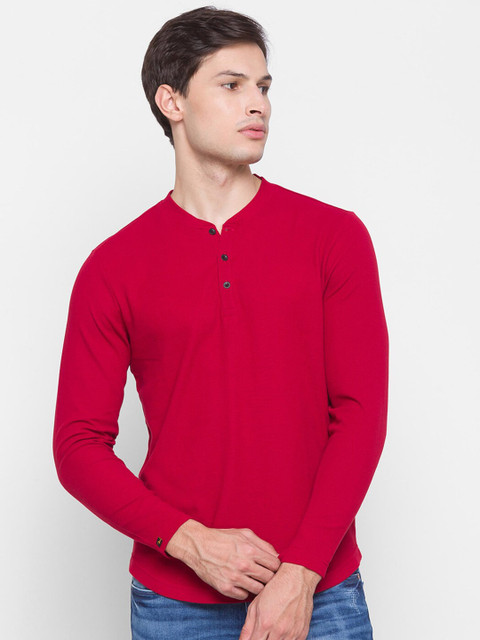 

SPYKAR Men Red Henley Neck Slim Fit Cotton T-shirt